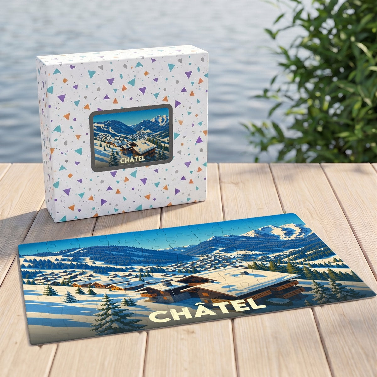 Puzzle souvenir de la ville de Châtel avec une illustration hivernale stylisée.