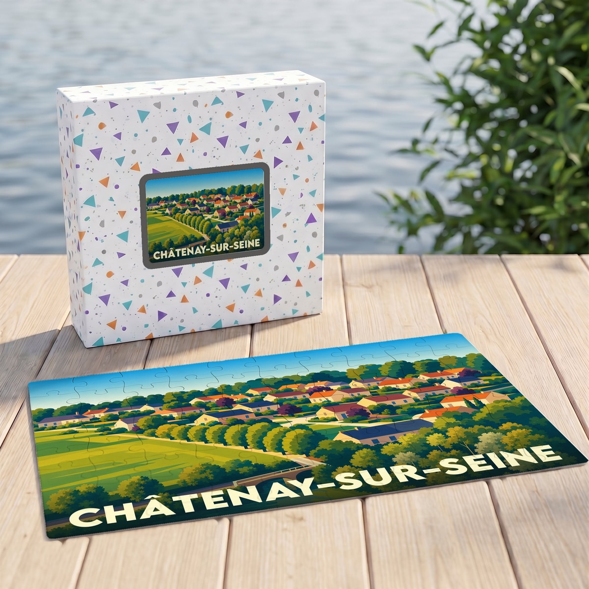 Puzzle souvenir de la ville de Châtenay-sur-Seine avec une illustration stylisée.
