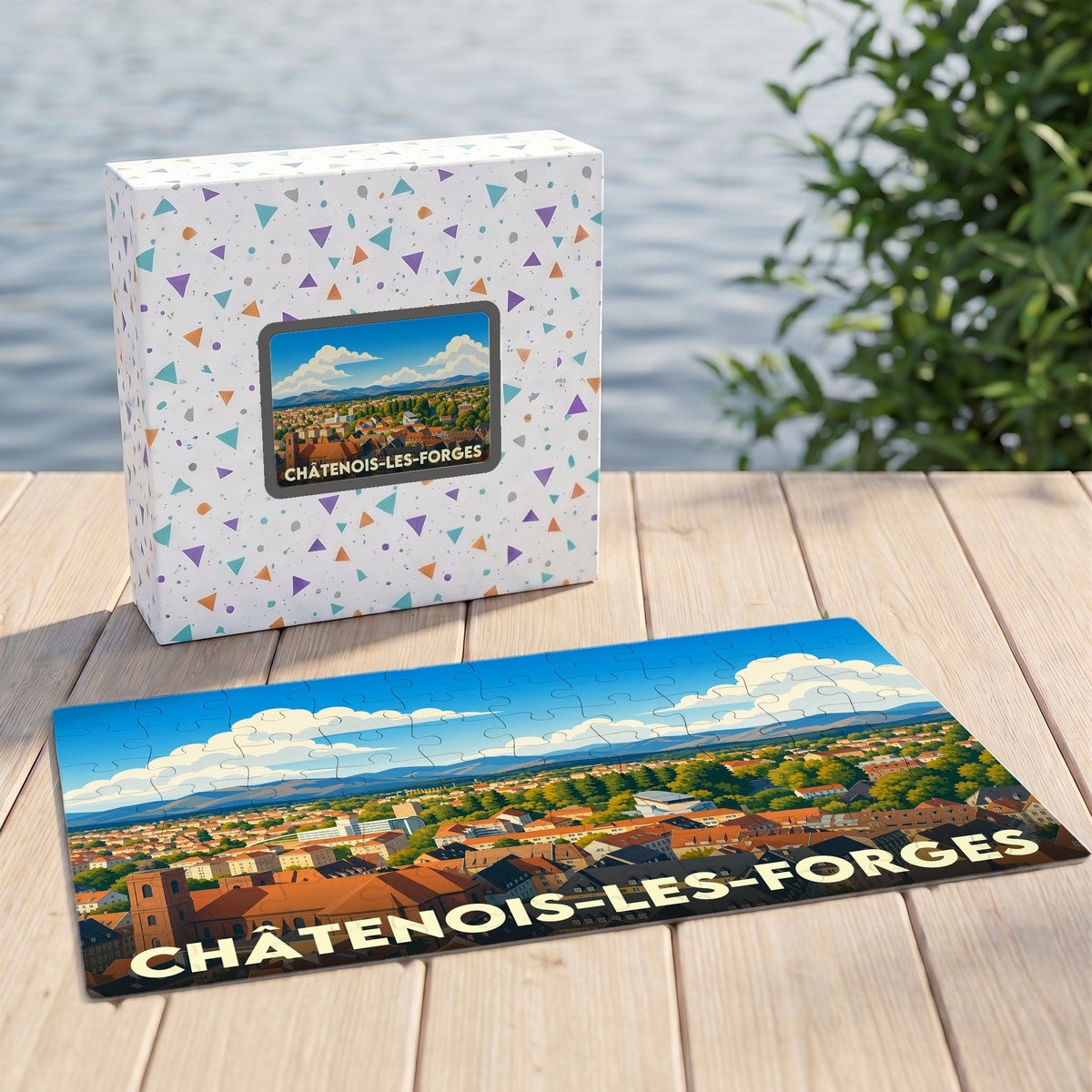 Puzzle souvenir de la ville de Châtenois-les-Forges avec une illustration panoramique stylisée.