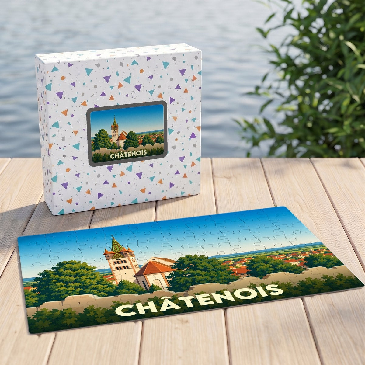 Puzzle souvenir de la ville de Châtenois avec une illustration stylisée.