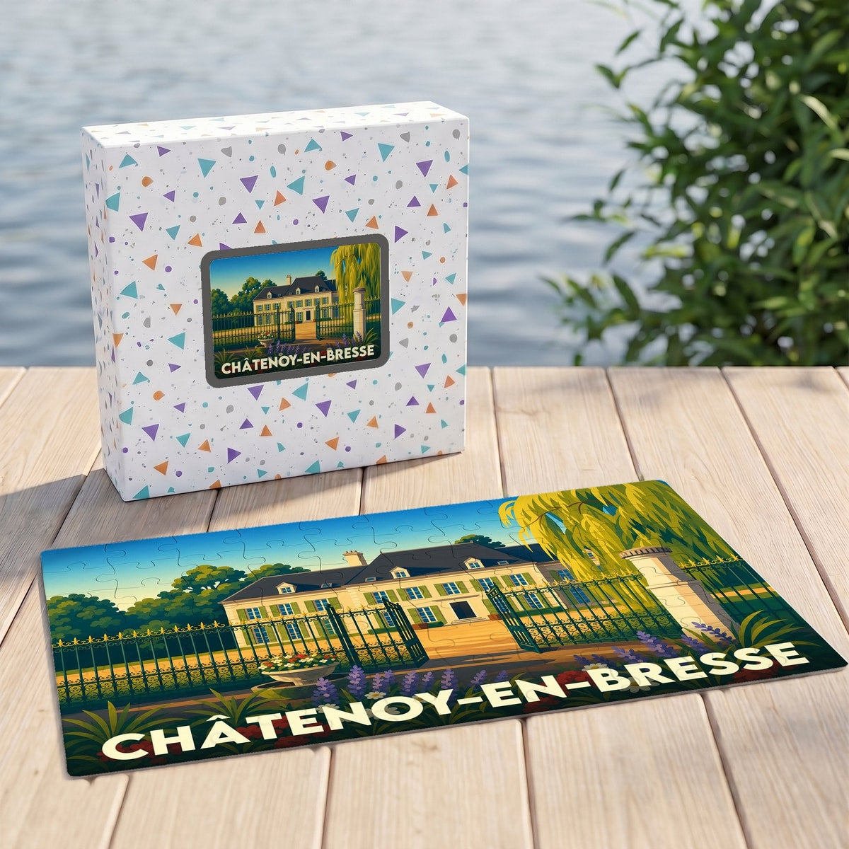 Puzzle souvenir de la ville de Châtenoy-en-Bresse avec une illustration stylisée d'un manoir.