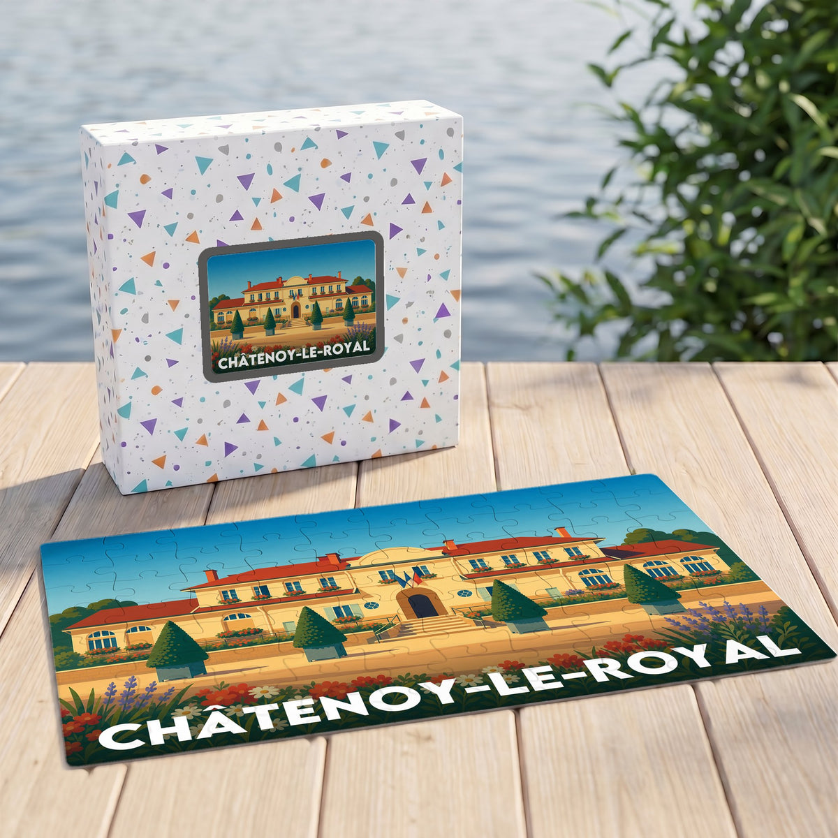 Puzzle souvenir de la ville de Châtenoy-le-Royal avec une illustration colorée et stylisée de sa mairie.