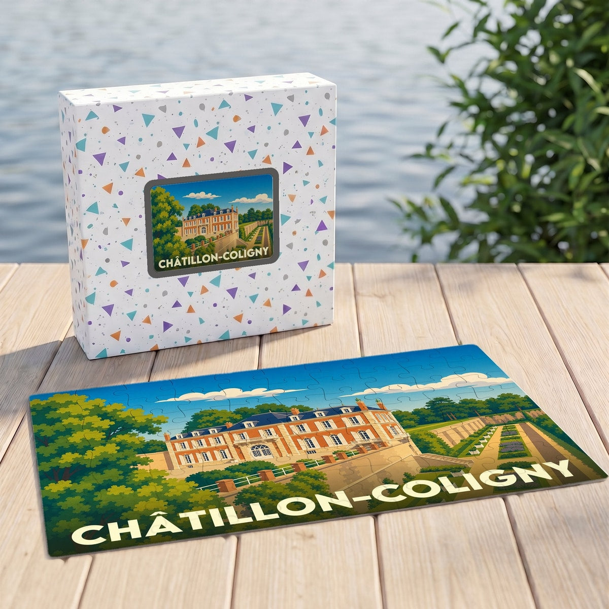 Puzzle souvenir de la ville de Châtillon-Coligny avec une illustration stylisée de son château.