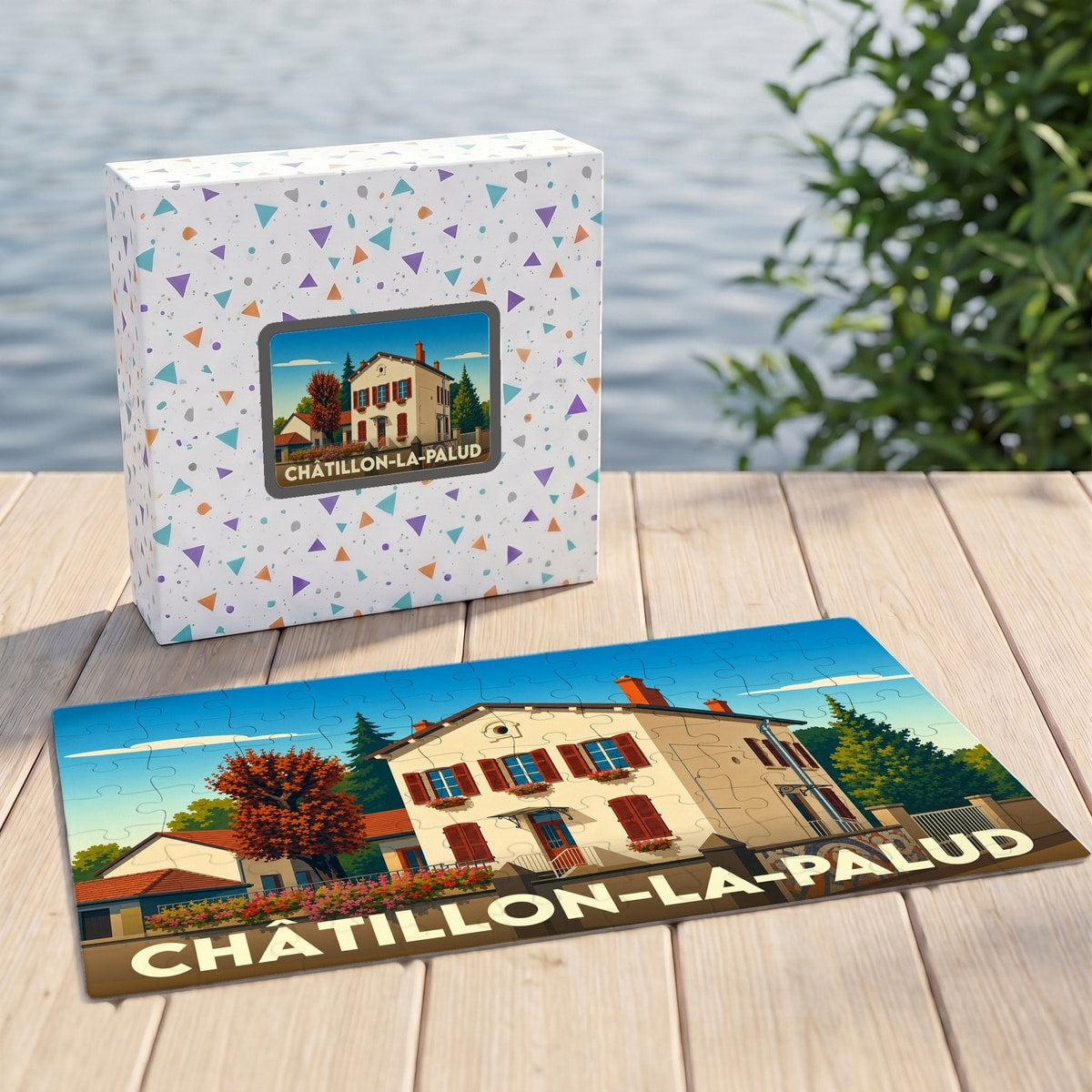 Puzzle souvenir de la ville de Châtillon-la-Palud avec une illustration stylisée d'une maison régionale.