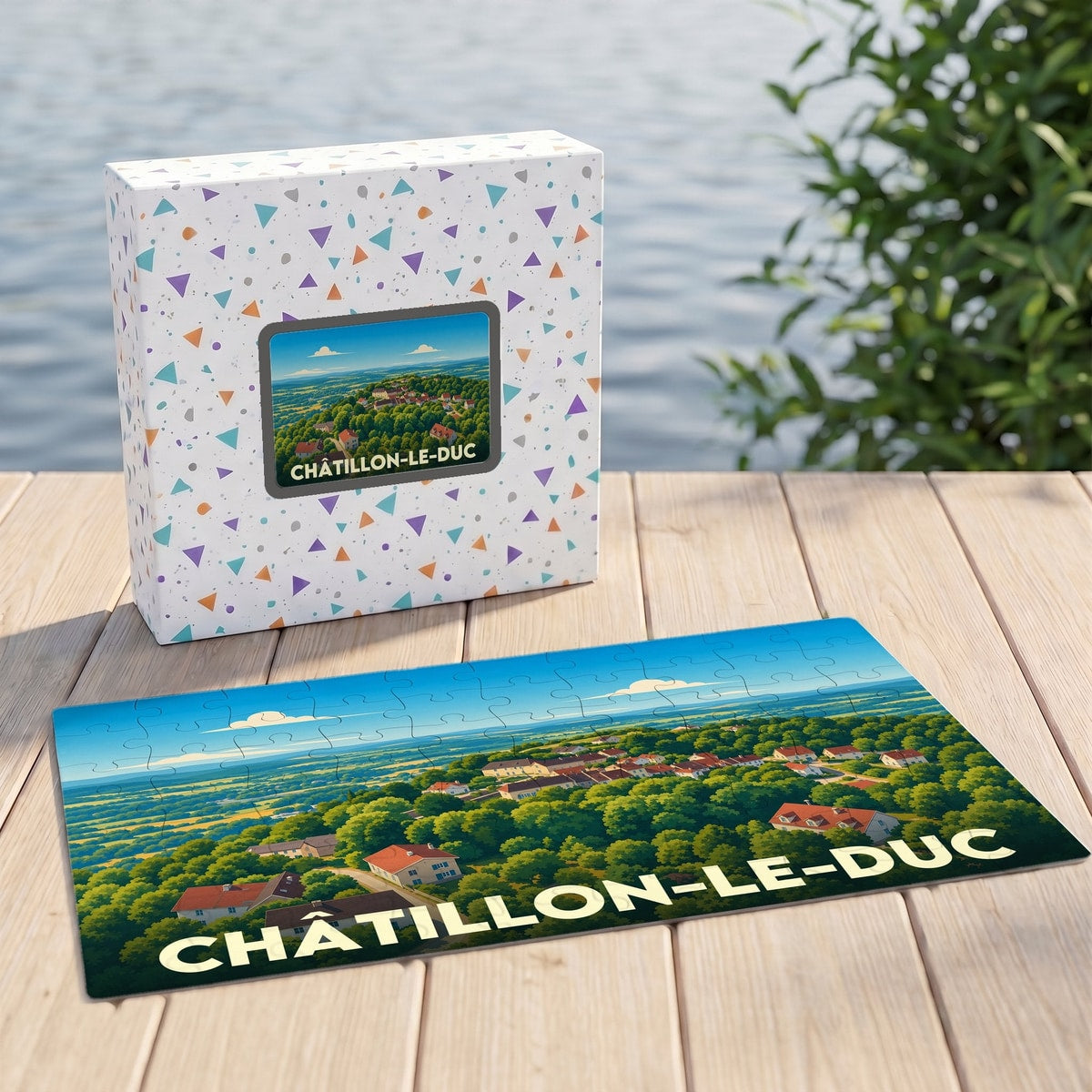 Puzzle souvenir de la ville de Châtillon-le-Duc avec une illustration stylisée et colorée.