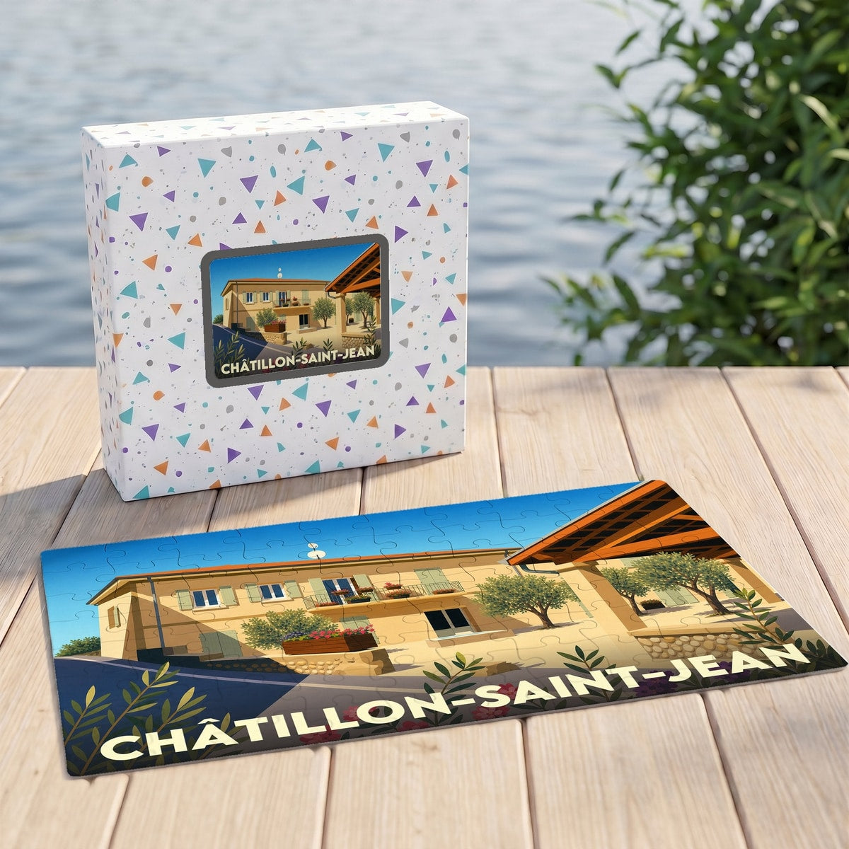 Puzzle souvenir de la ville de Châtillon-Saint-Jean avec une illustration stylisée et colorée.