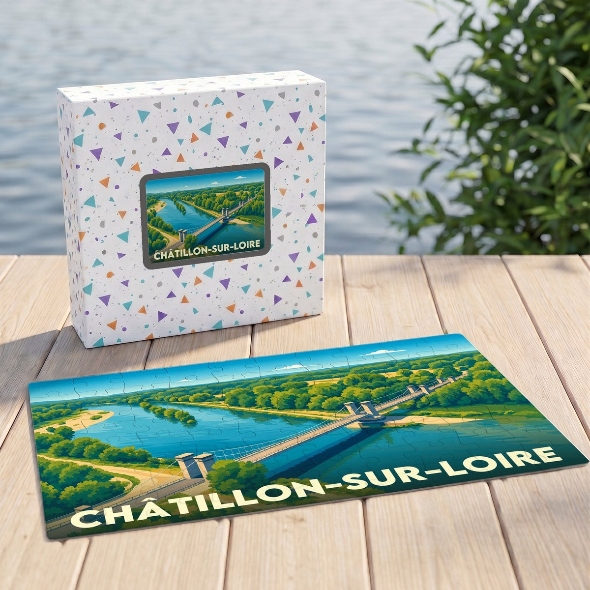 Puzzle souvenir de la ville de Châtillon-sur-Loire avec une illustration stylisée de son pont suspendu sur la Loire.