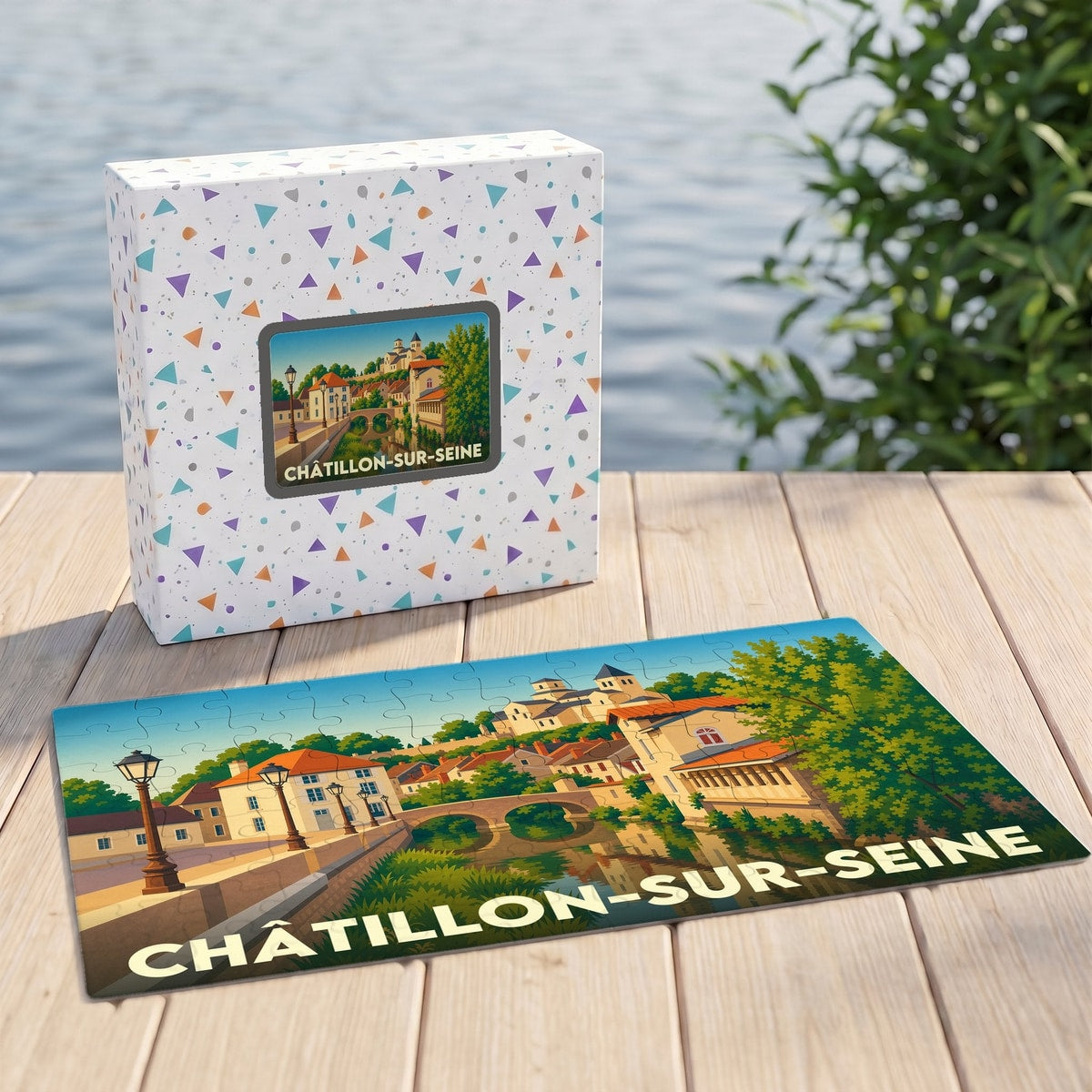 Puzzle souvenir de la ville de Châtillon-sur-Seine avec une illustration stylisée et colorée.