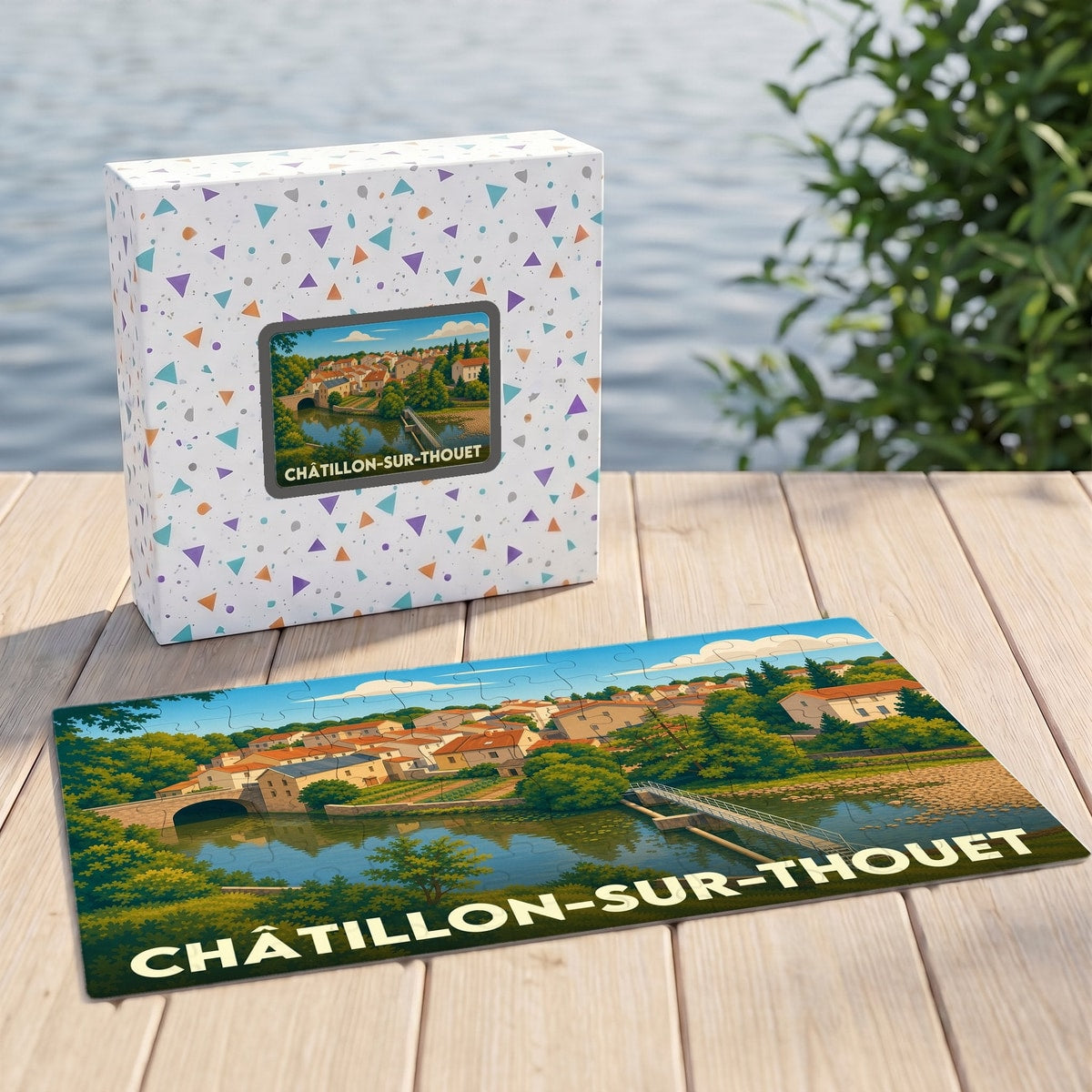 Puzzle souvenir de la ville de Châtillon-sur-Thouet avec une illustration stylisée de ses bords de rivière.