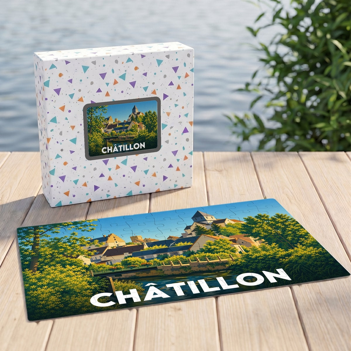 Puzzle souvenir de la ville de Châtillon avec une illustration stylisée d'un paysage urbain au bord de l'eau.