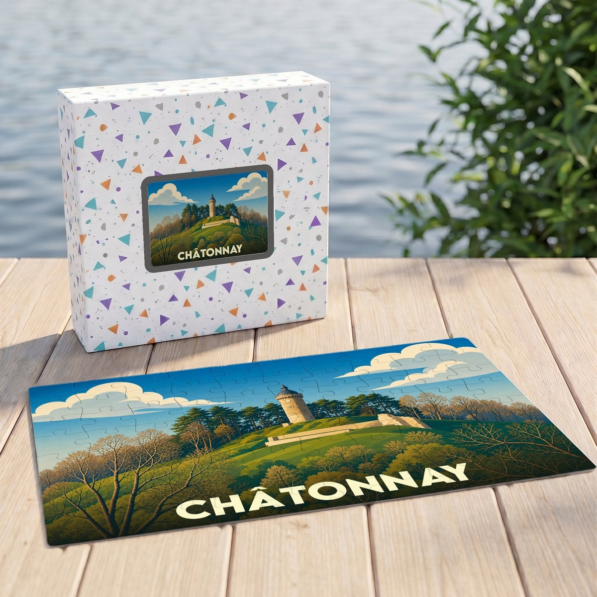 Puzzle souvenir de la ville de Châtonnay avec une illustration stylisée d'un paysage collinaire.