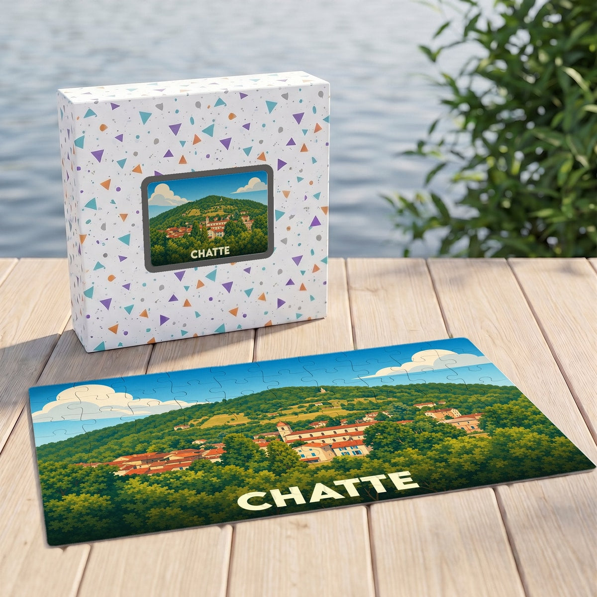 Puzzle souvenir de la ville de Chatte avec une illustration stylisée de son paysage vallonné.