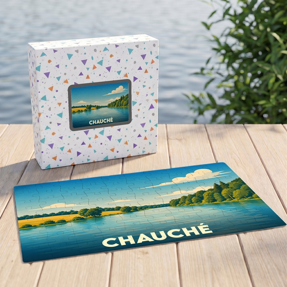 Puzzle souvenir de la ville de Chauché avec une illustration stylisée de paysage aquatique.