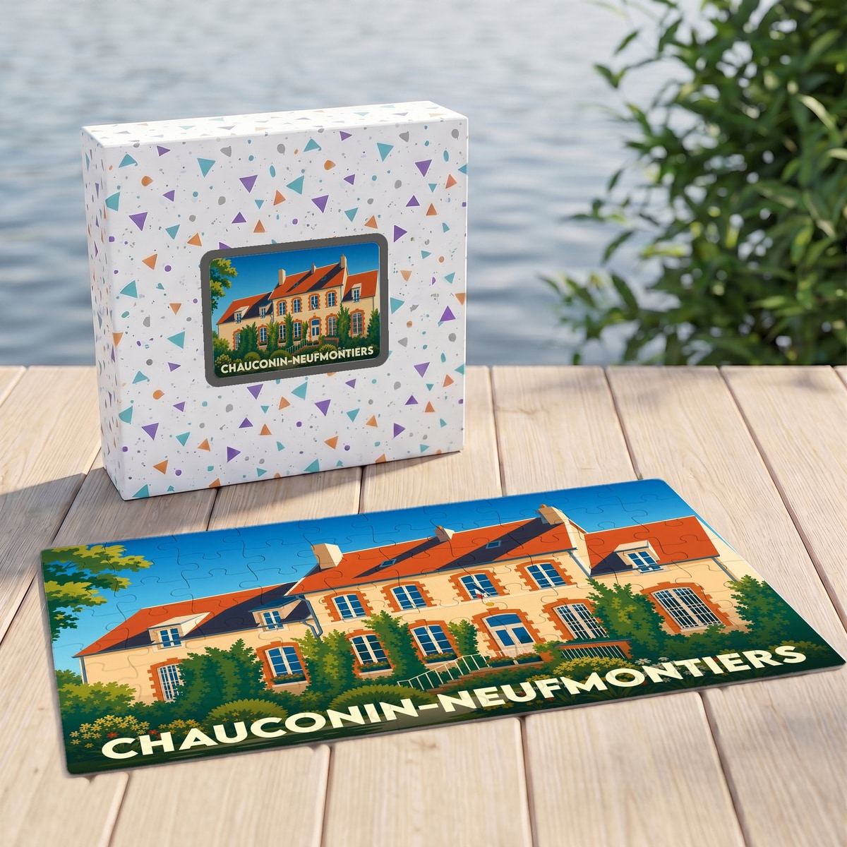 Puzzle souvenir de la commune de Chauconin-Neufmontiers illustré d'un dessin stylisé de son architecture.