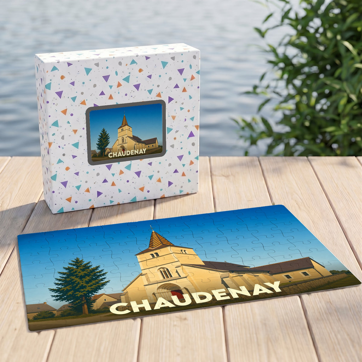 Puzzle souvenir de la ville de Chaudenay avec une illustration stylisée de son église.