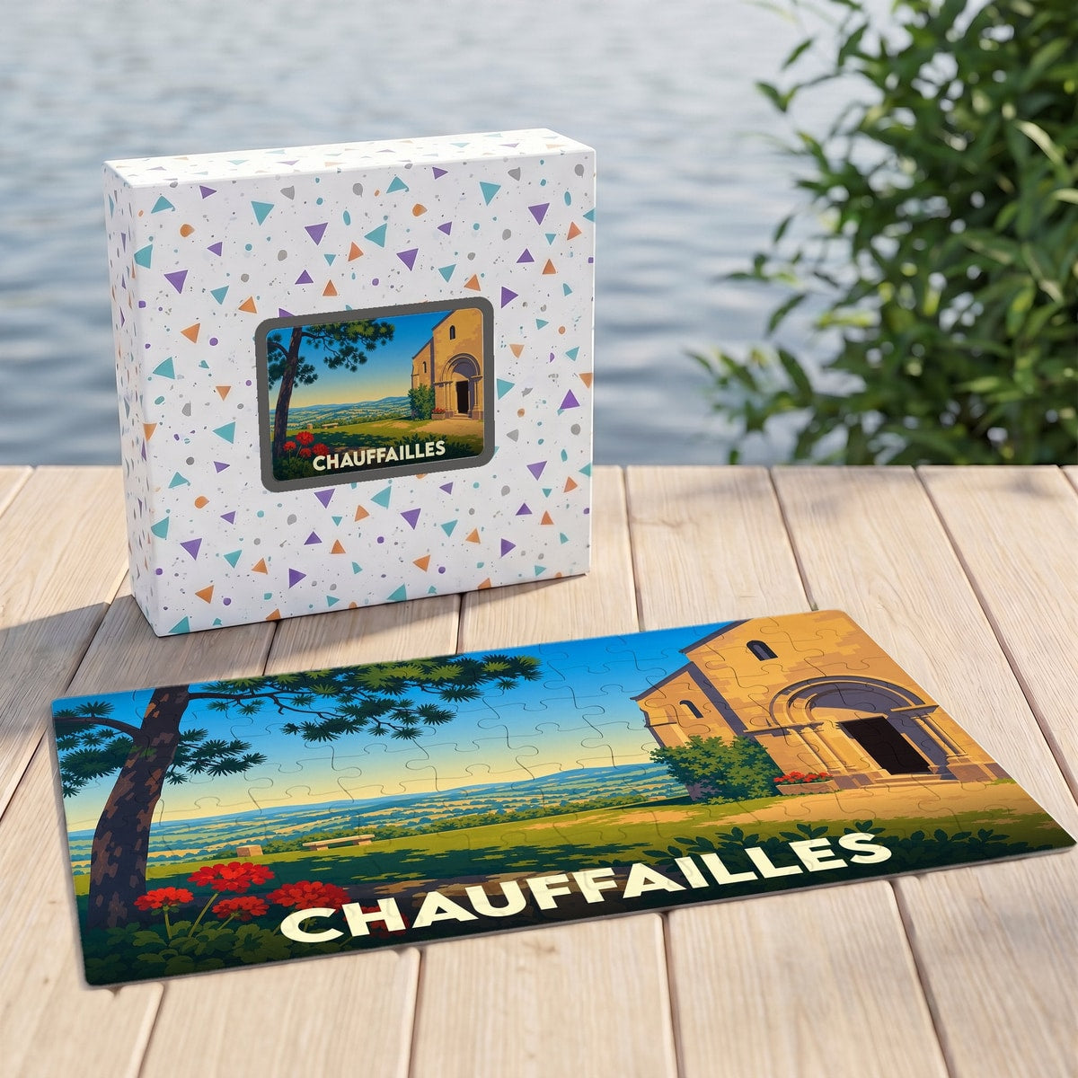 Puzzle souvenir de la ville de Chauffailles avec une illustration stylisée d'un monument historique et d'un paysage.