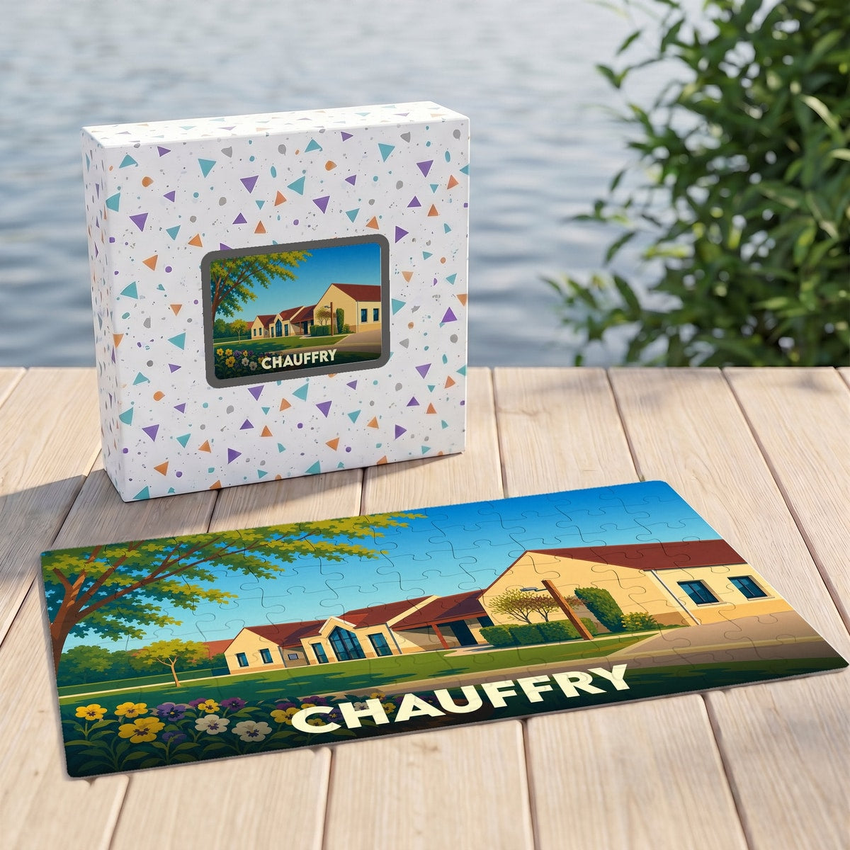 Puzzle souvenir de la ville de Chauffry avec une illustration stylisée et colorée.