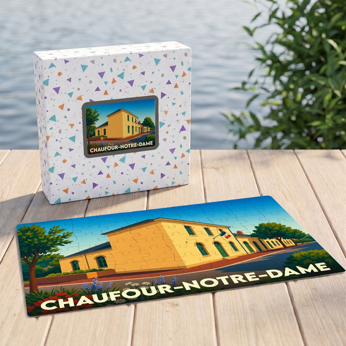 Puzzle souvenir de la ville de Chaufour-Notre-Dame avec une illustration stylisée de sa mairie.