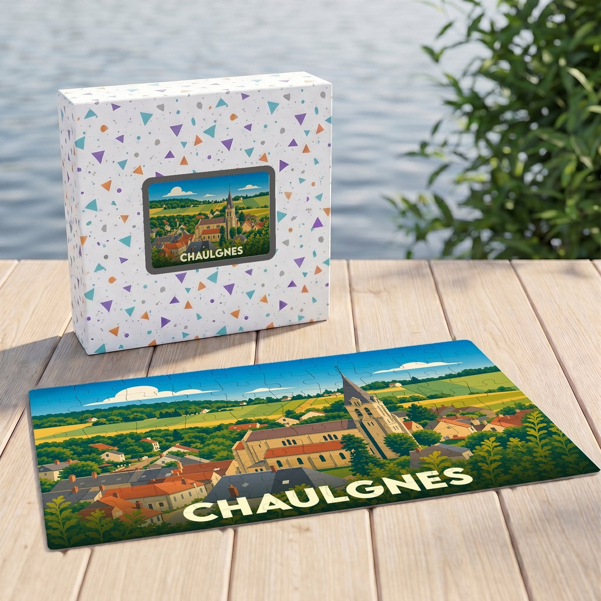 Puzzle souvenir de la ville de Chaulgnes illustré d'un paysage urbain stylisé.