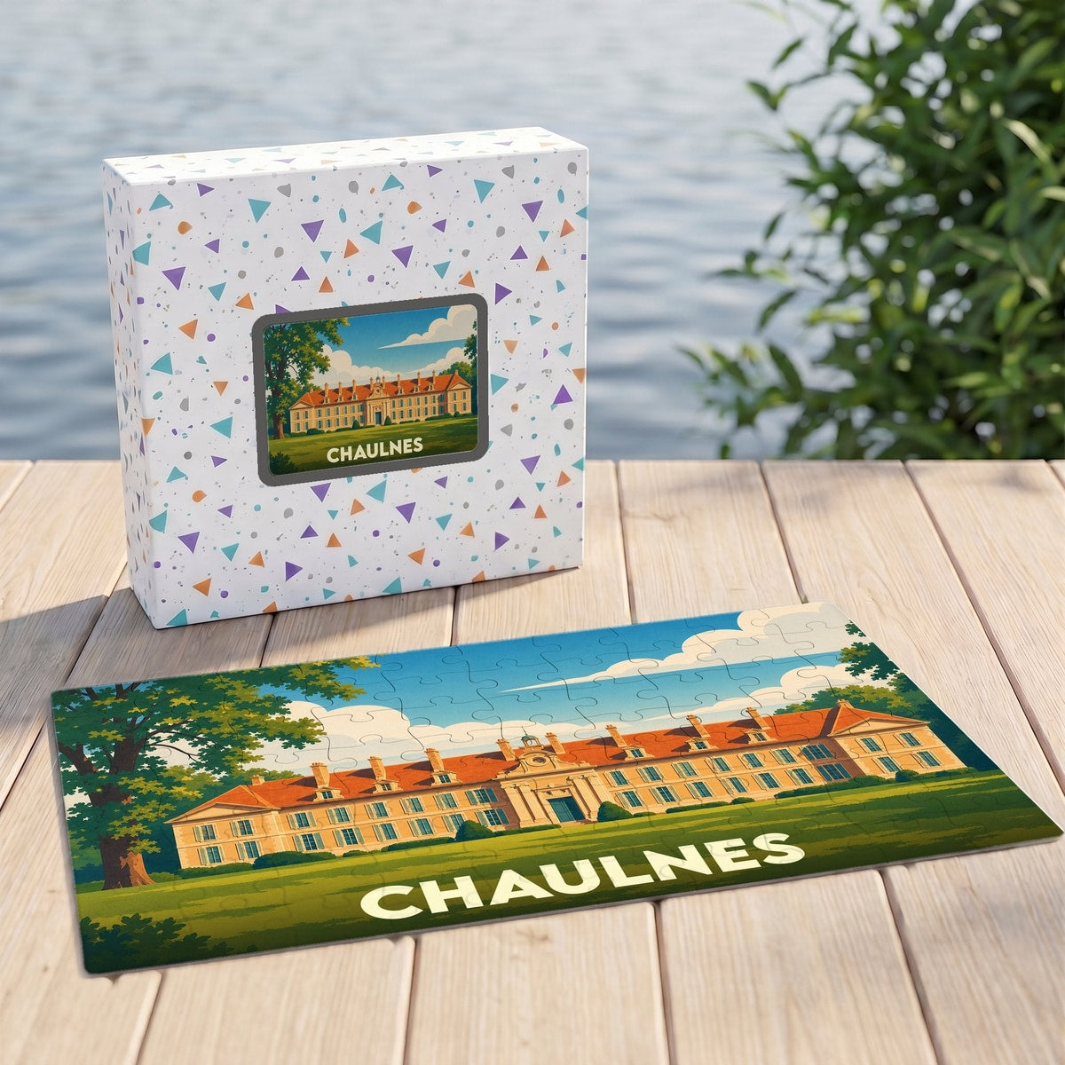 Puzzle souvenir de la ville de Chaulnes illustré par un manoir historique sur une pelouse verdoyante.