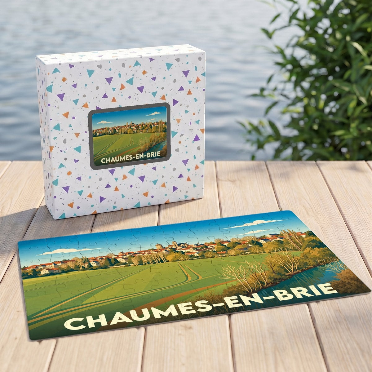 Puzzle souvenir de la ville de Chaumes-en-Brie avec une illustration stylisée d'un paysage champêtre.