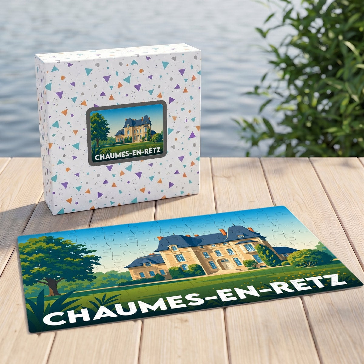 Puzzle souvenir de la ville de Chaumes-en-Retz avec une illustration stylisée de château.