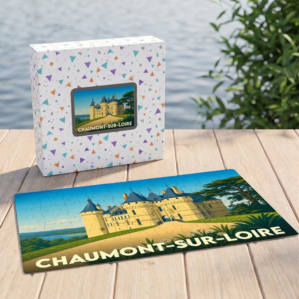 Puzzle souvenir de la ville de Chaumont-sur-Loire avec une illustration stylisée de son château.