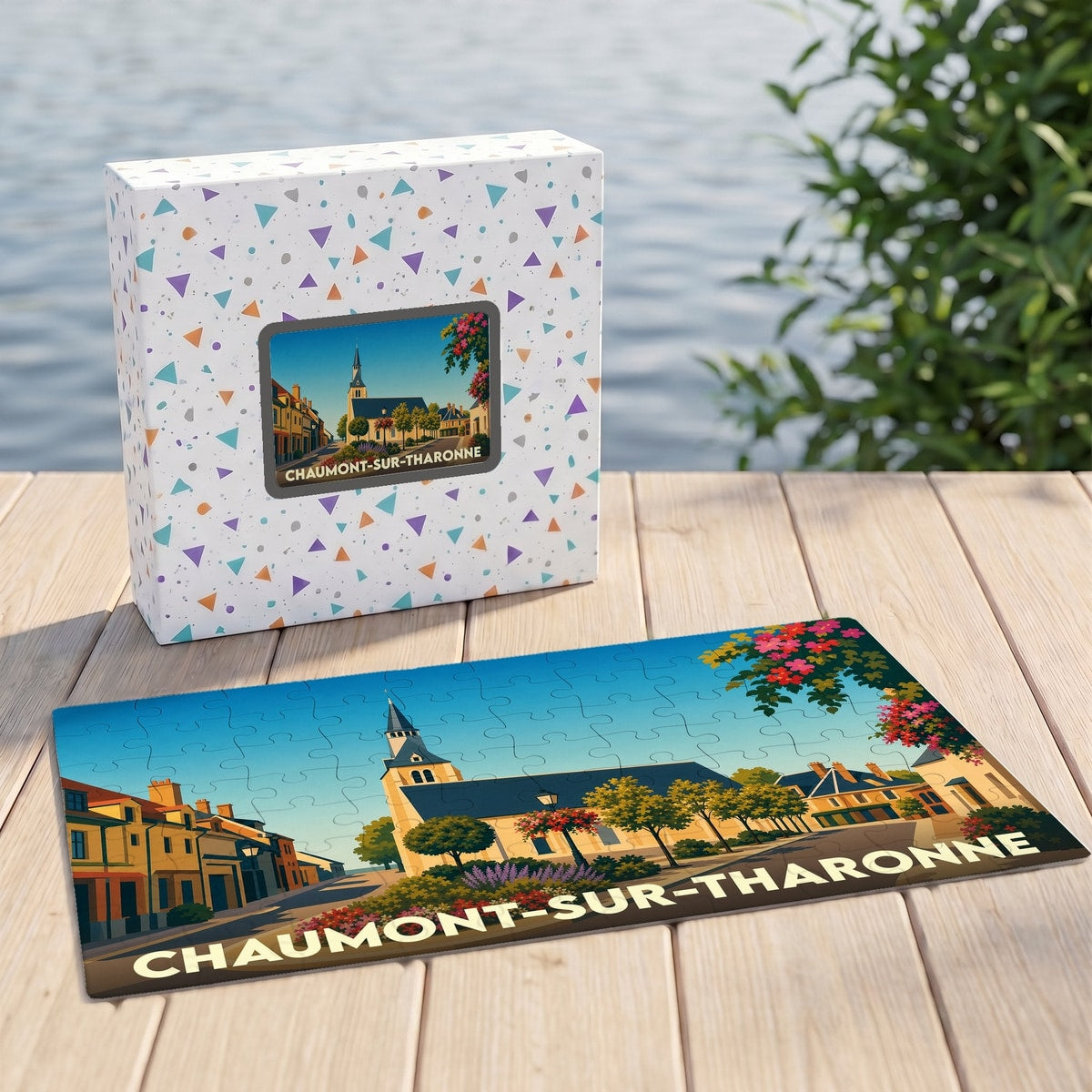 Puzzle souvenir de la ville de Chaumont-sur-Tharonne avec une illustration stylisée et colorée.