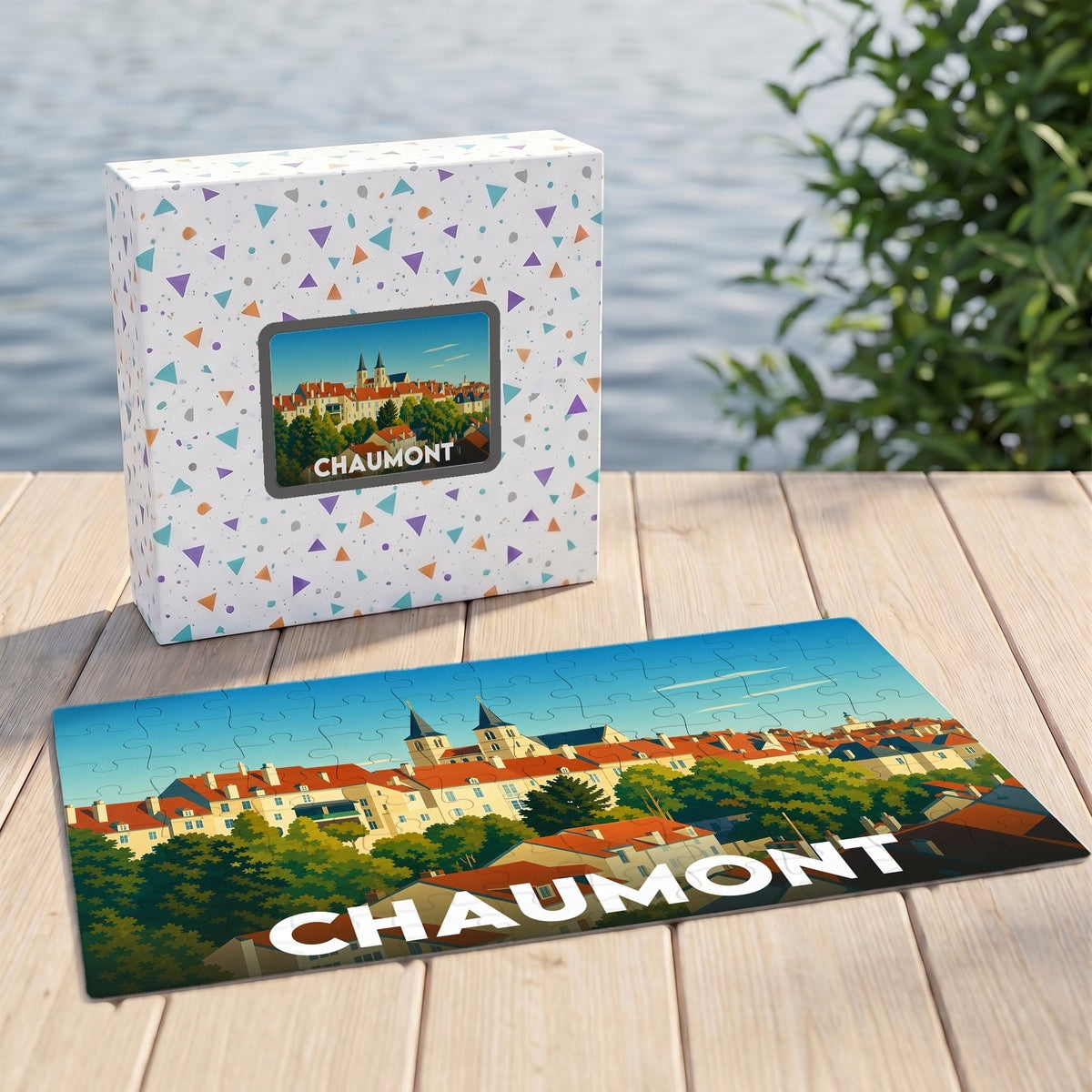 Puzzle souvenir de la ville de Chaumont avec une illustration stylisée de son paysage urbain.