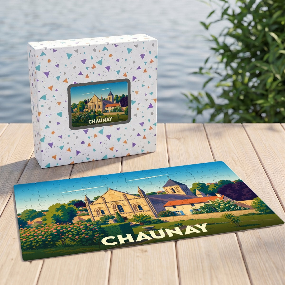 Puzzle souvenir de la ville de Chaunay avec une illustration stylisée de son église et de ses paysages.