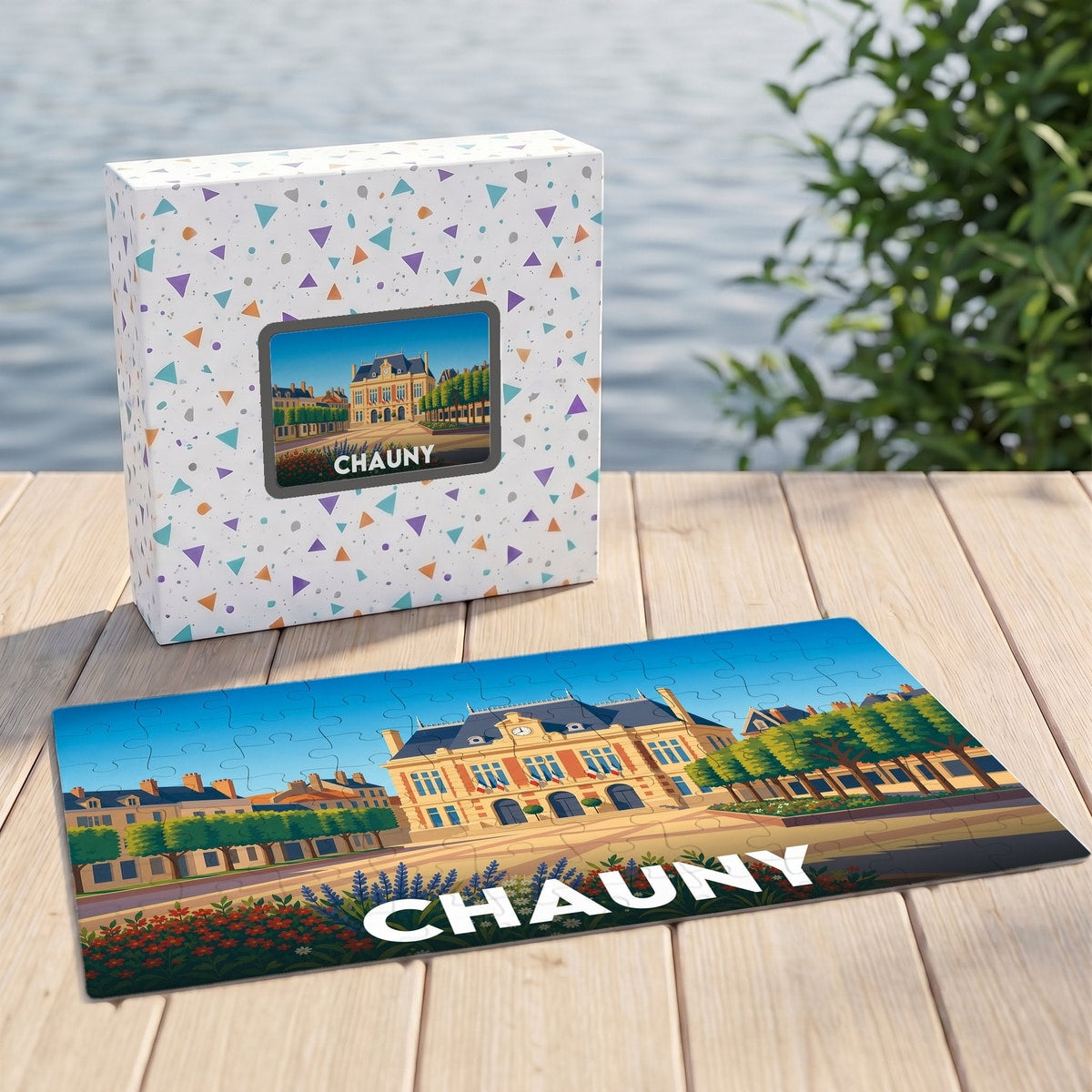 Puzzle souvenir de la ville de Chauny avec une illustration stylisée de son hôtel de ville.