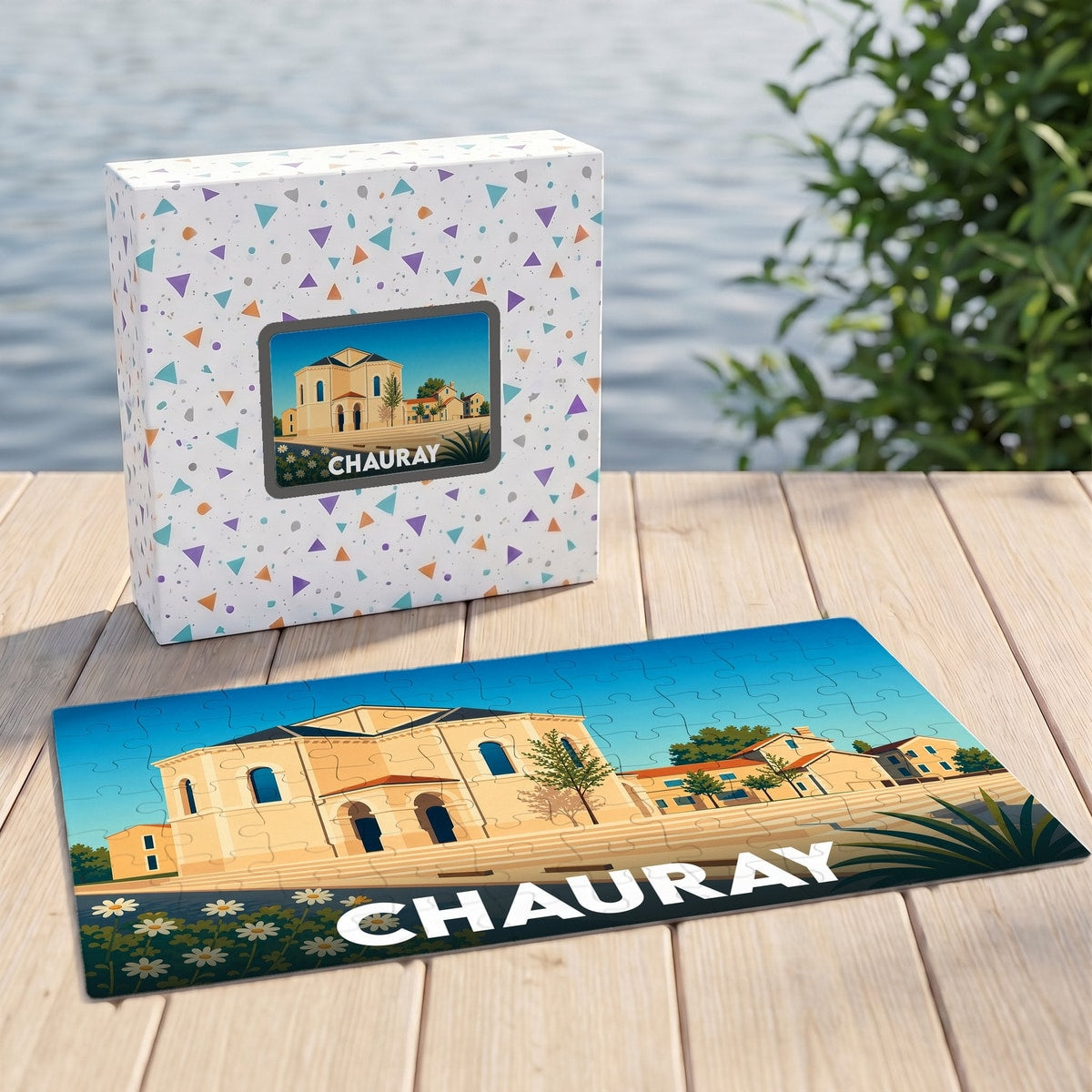 Puzzle souvenir de la ville de Chauray avec son illustration stylisée et sa boîte assortie.