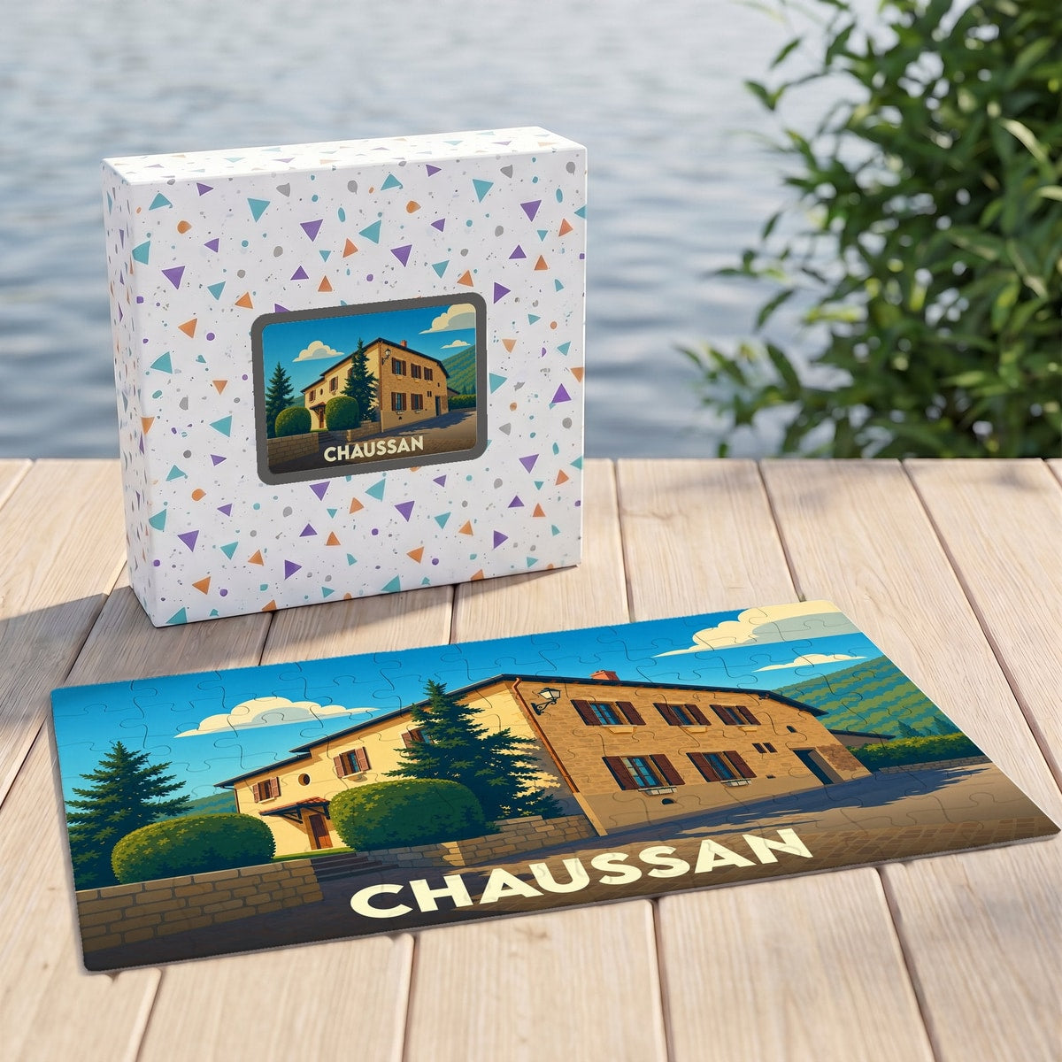 Puzzle souvenir de la ville de Chaussan avec une illustration stylisée.