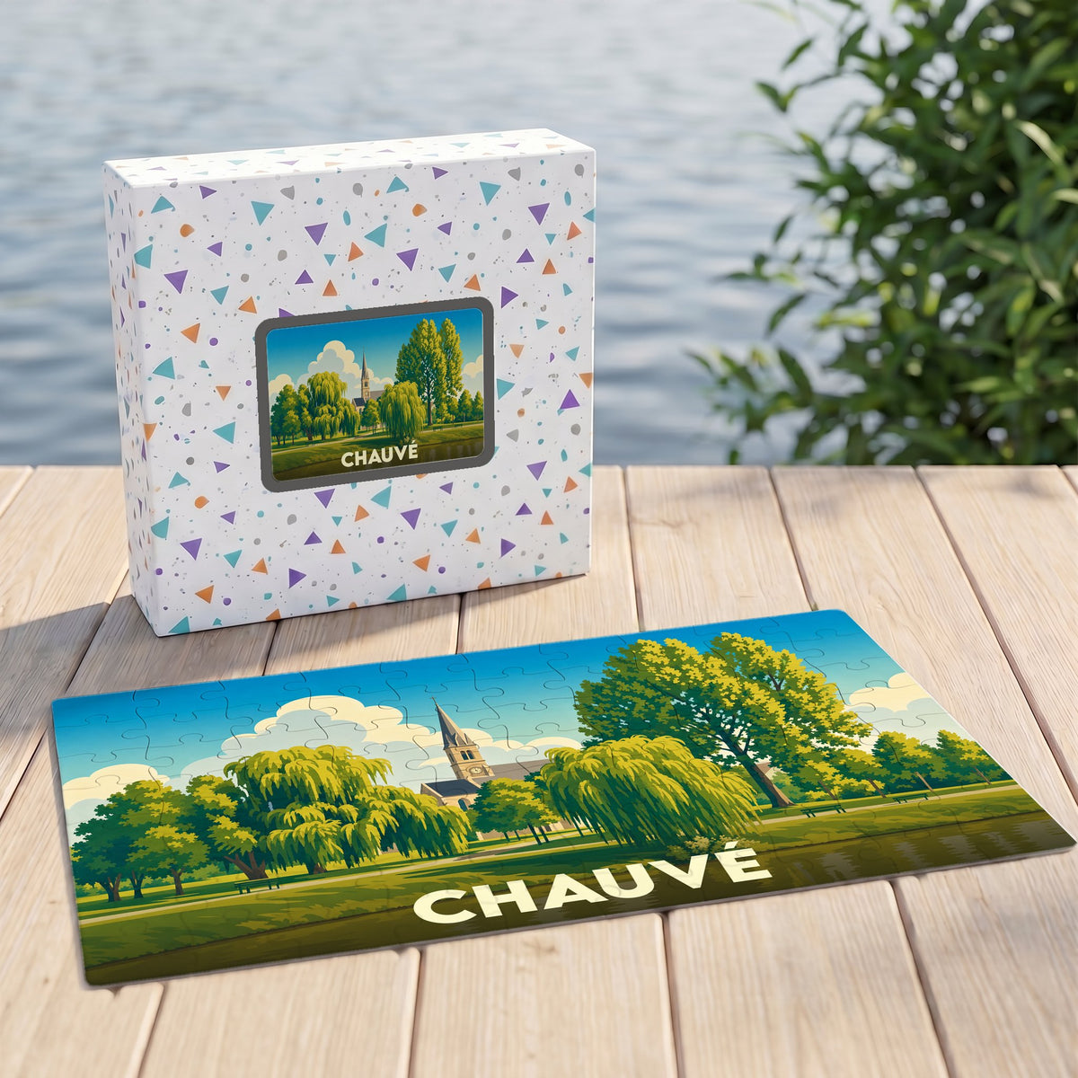 Puzzle souvenir de la ville de Chauvé avec une illustration stylisée d'un parc et son église.