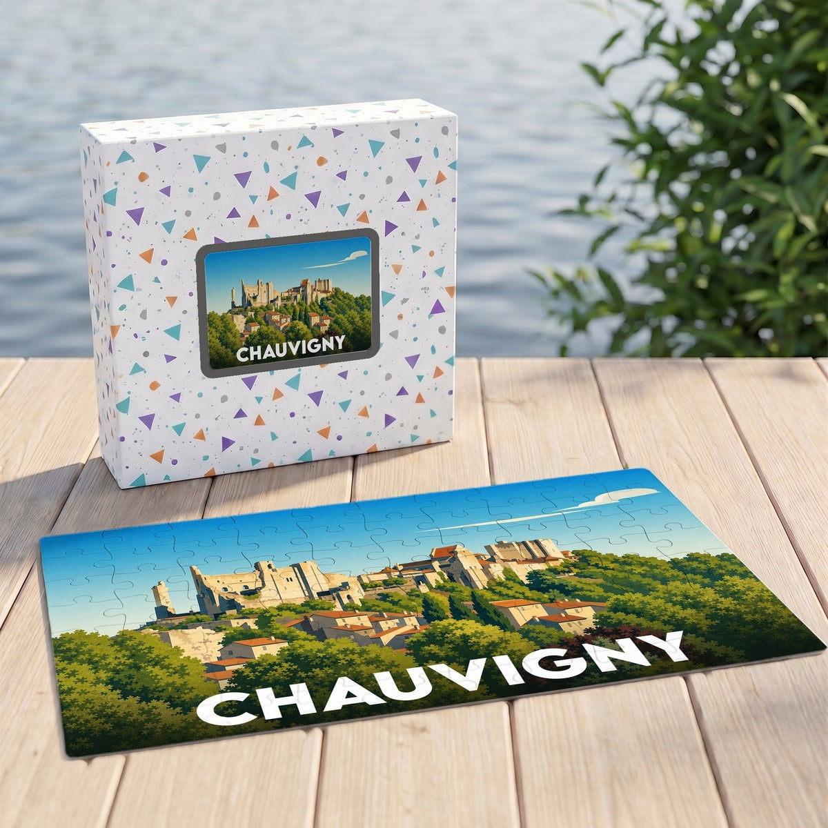 Puzzle souvenir de la ville de Chauvigny avec une illustration stylisée et colorée.