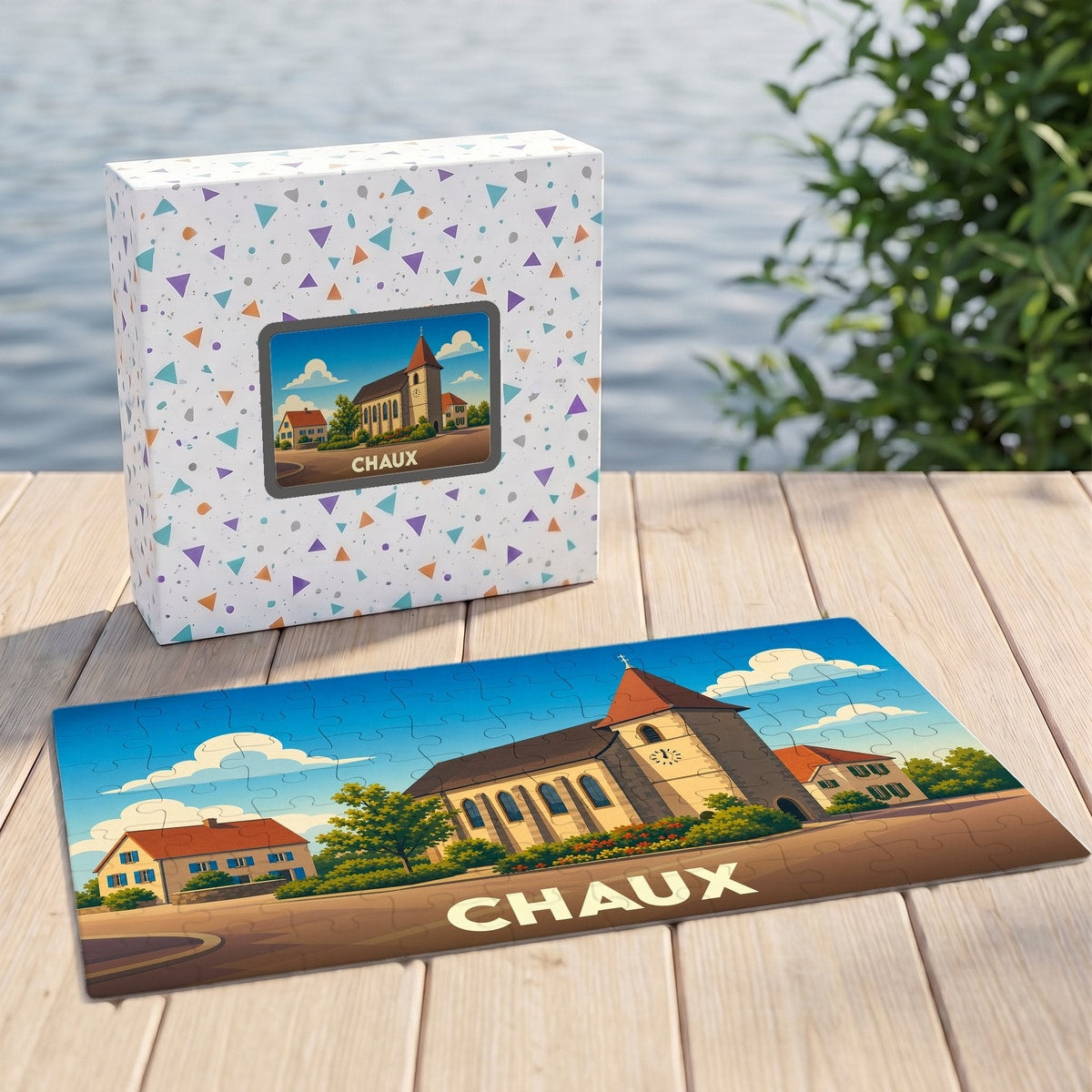 Puzzle souvenir de la ville de Chaux avec une illustration stylisée d'un paysage urbain.