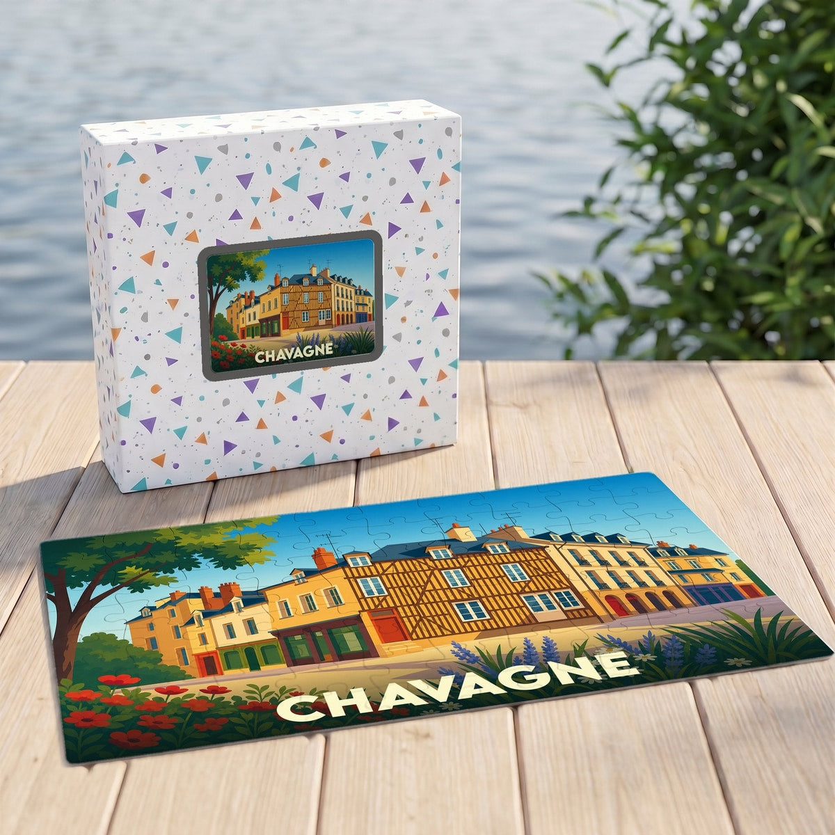 Puzzle souvenir de la ville de Chavagne avec une illustration stylisée d'un paysage urbain coloré.