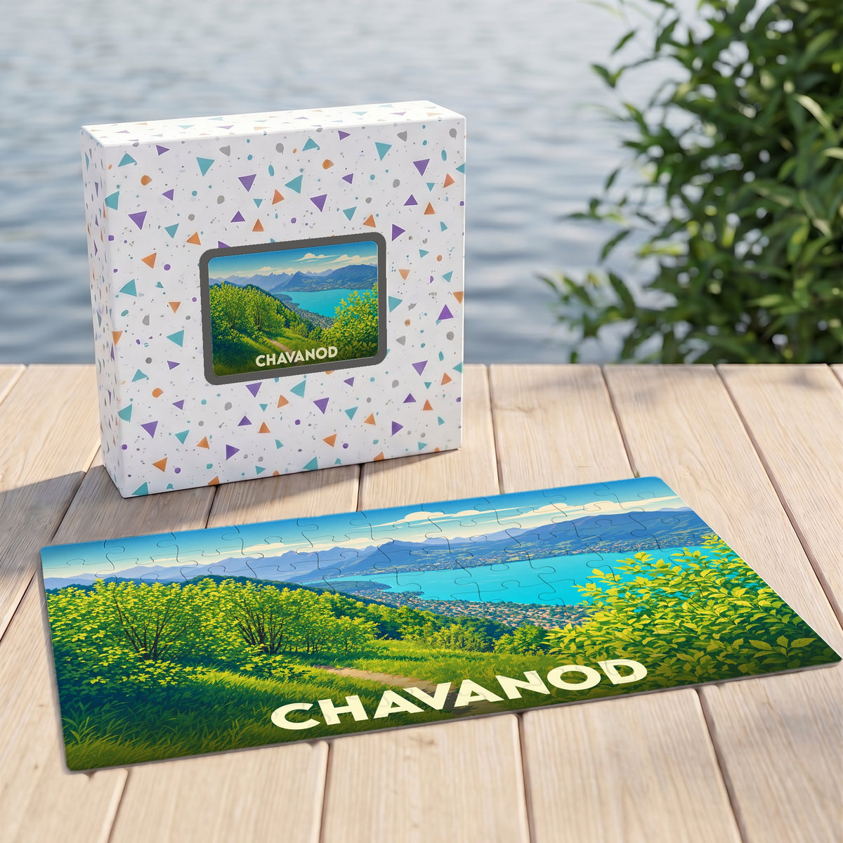 Puzzle souvenir de la ville de Chavanod avec une illustration stylisée de son paysage.