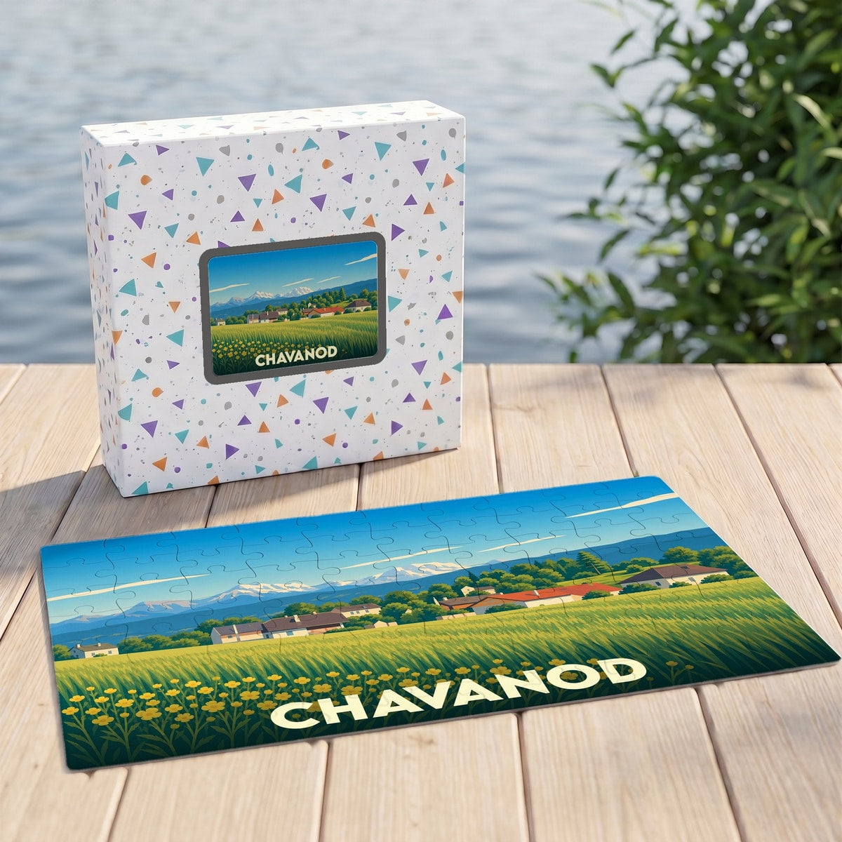 Puzzle souvenir de la ville de Chavanod avec une illustration de paysage de campagne.