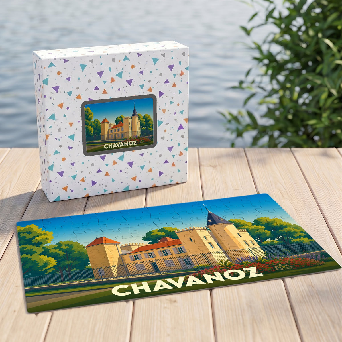 Puzzle souvenir de la ville de Chavanoz avec une illustration stylisée d'un château.