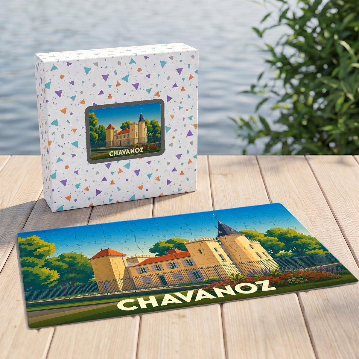 Puzzle souvenir de la ville de Chavanoz avec une illustration stylisée d'un château.