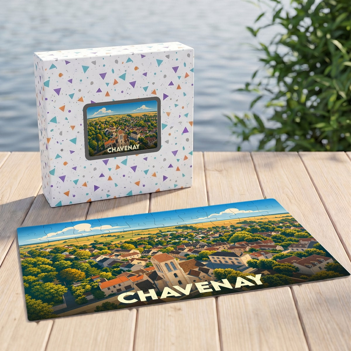 Puzzle souvenir de la ville de Chavenay avec une illustration paysagère stylisée.