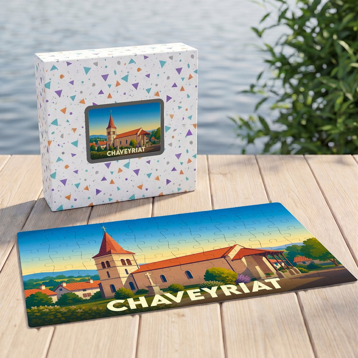 Puzzle souvenir de la ville de Chaveyriat avec une illustration stylisée d'une église sous un ciel de fin de journée.