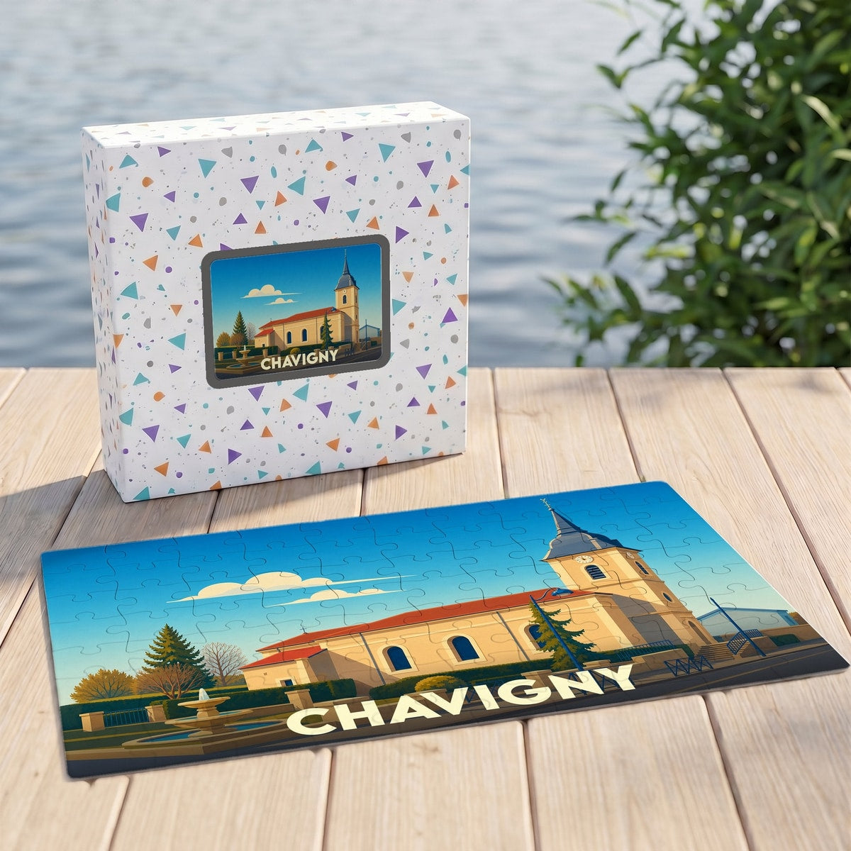 Puzzle souvenir de la ville de Chavigny avec une illustration stylisée de son église et de son parc.