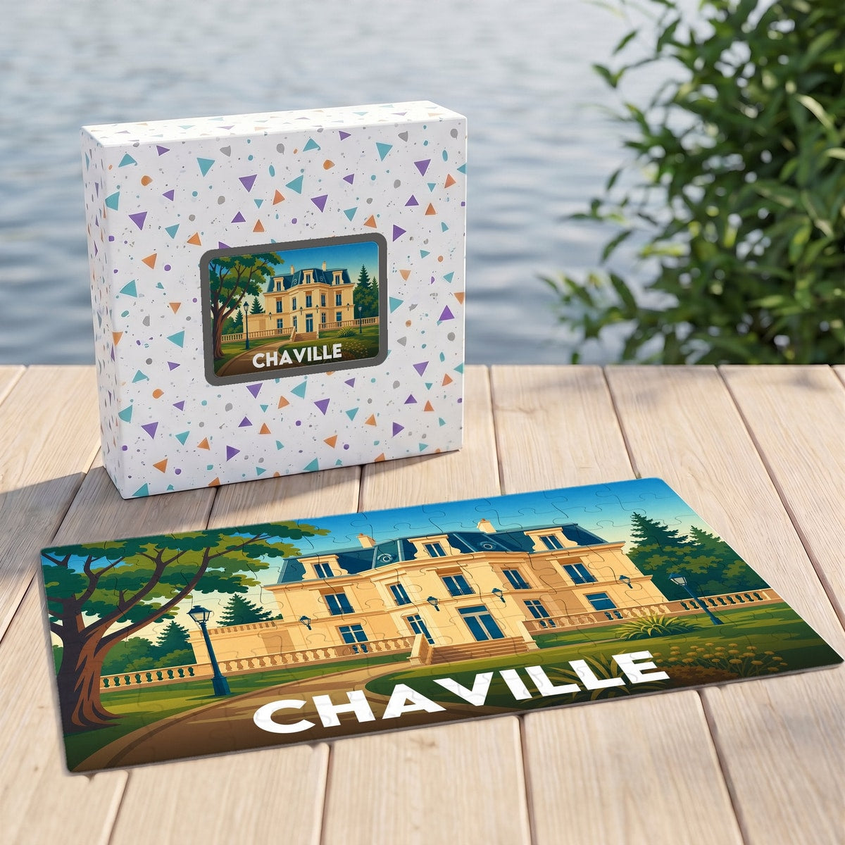 Puzzle souvenir de la ville de Chaville avec une illustration stylisée d'un grand manoir.