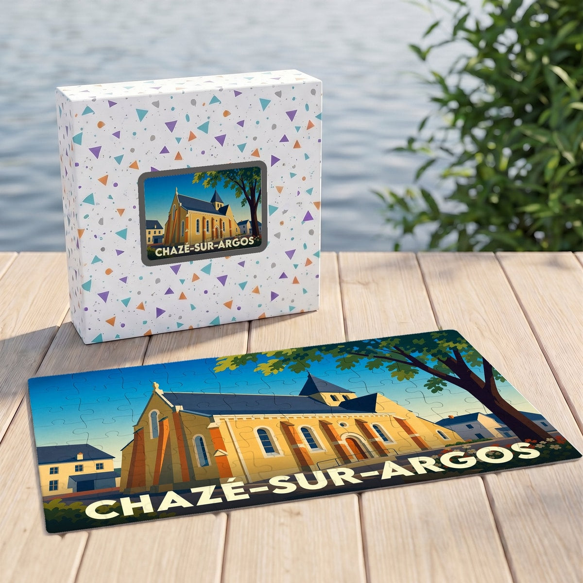 Puzzle souvenir de la ville de Chazé-sur-Argos avec une illustration stylisée de son église et de son paysage urbain.