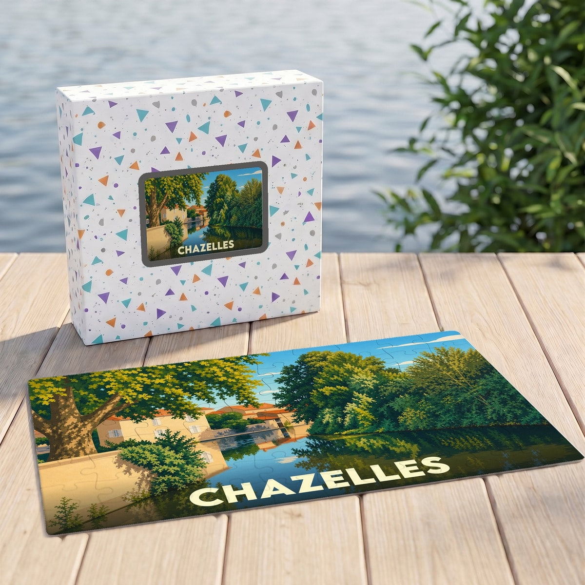 Puzzle souvenir de la ville de Chazelles avec une illustration stylisée d'un paysage de rivière.