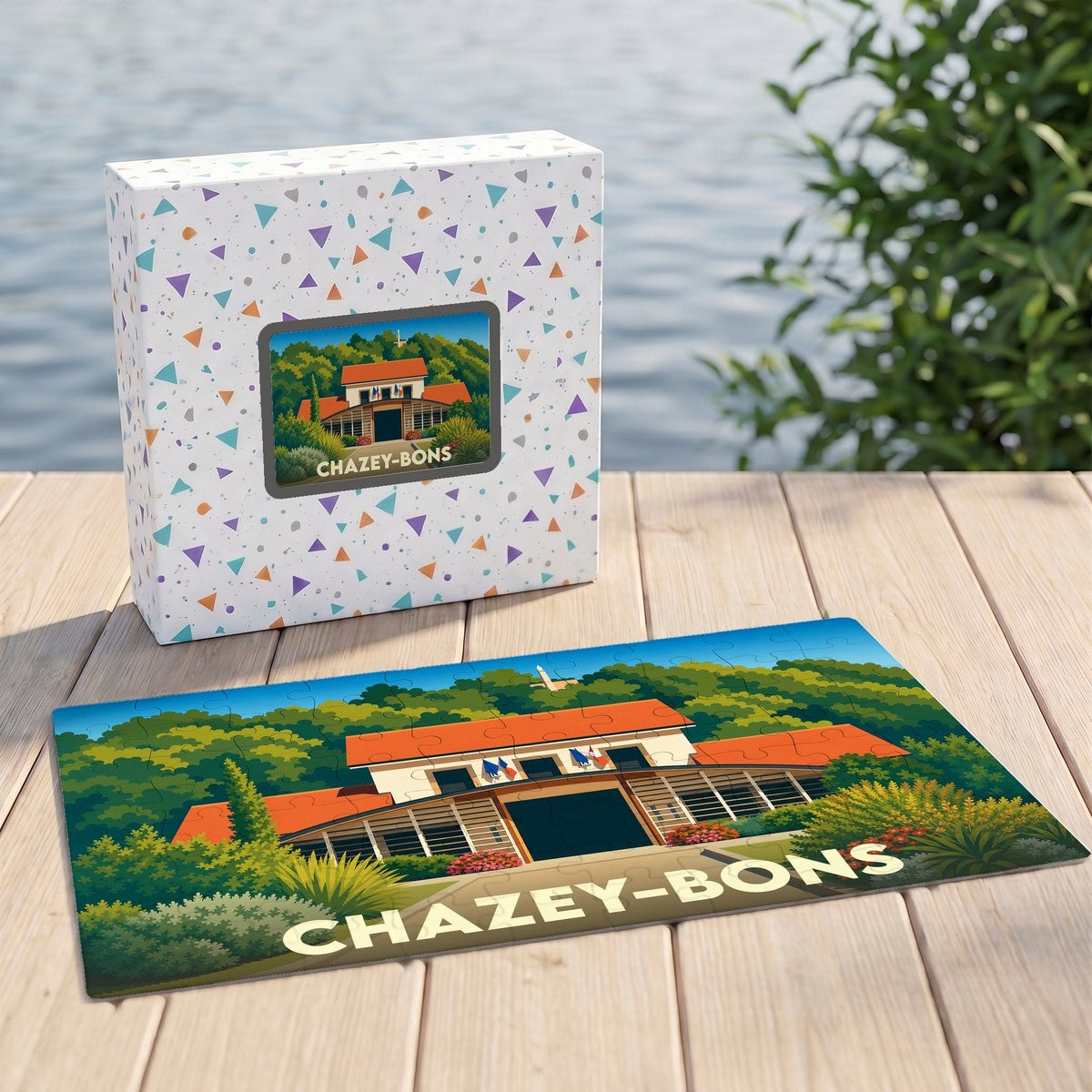 Puzzle souvenir de la ville de Chazey-Bons avec une illustration stylisée et colorée.