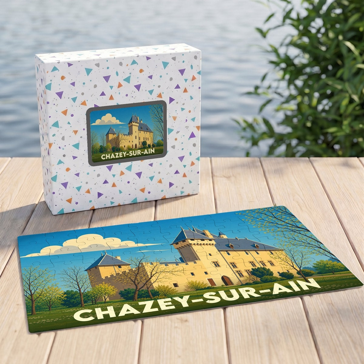Puzzle souvenir de la ville de Chazey-sur-Ain avec une illustration stylisée de son château.