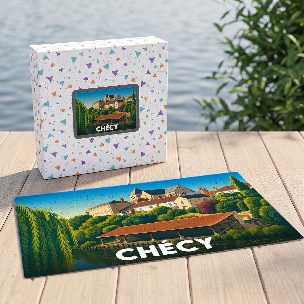 Puzzle souvenir de la ville de Chécy avec une illustration stylisée et colorée.